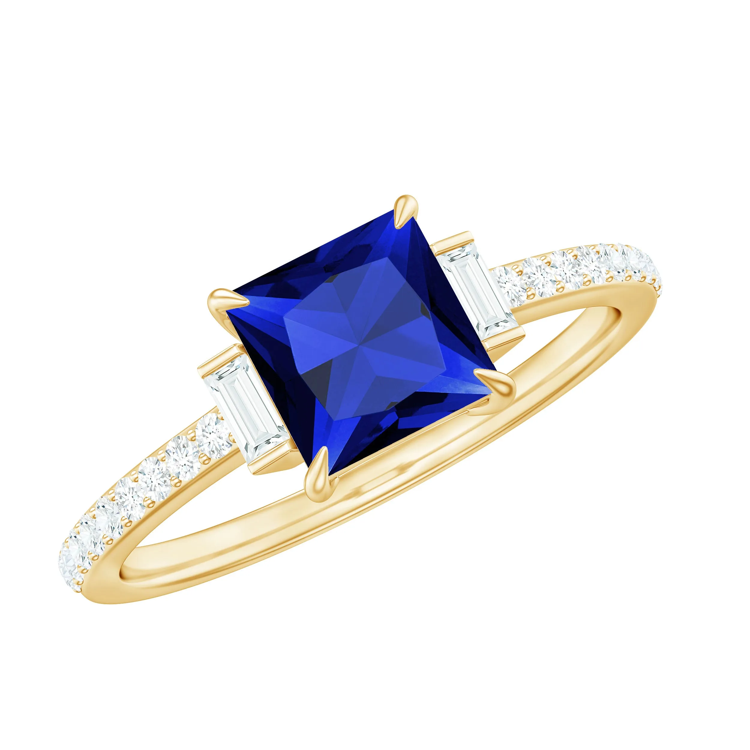 Lab Created Blue Sapphire Solitaire Ring with Diamond Stones