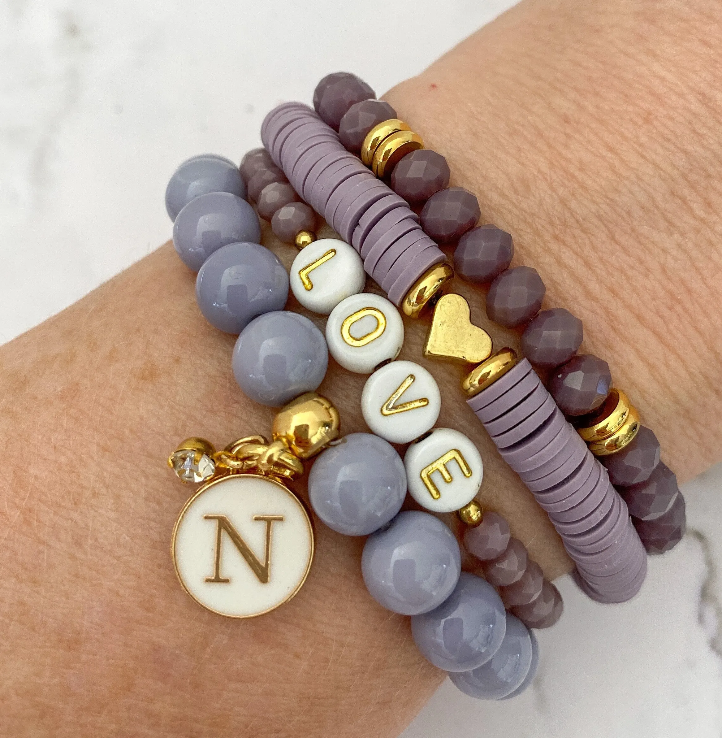 Lavender and Gold Stack Bracelets/Stretch Bracelets/Layering Bracelets/Boho Jewelry/Handmade Gemstone Bracelets