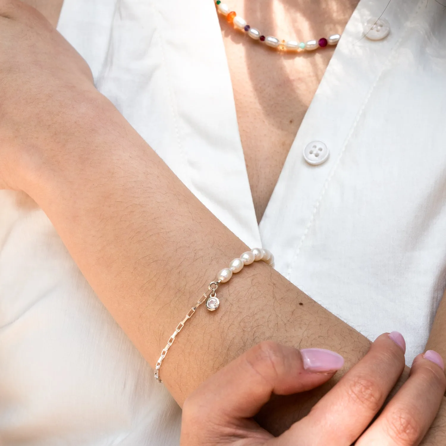 Luna White Pearl, Chain & White Topaz Drop Bracelet