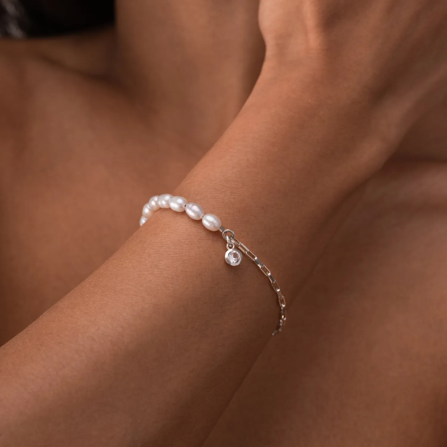 Luna White Pearl, Chain & White Topaz Drop Bracelet