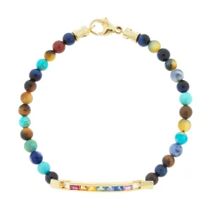 Medium ID Bar with Rainbow Sapphire Baguettes on Beaded Bracelet