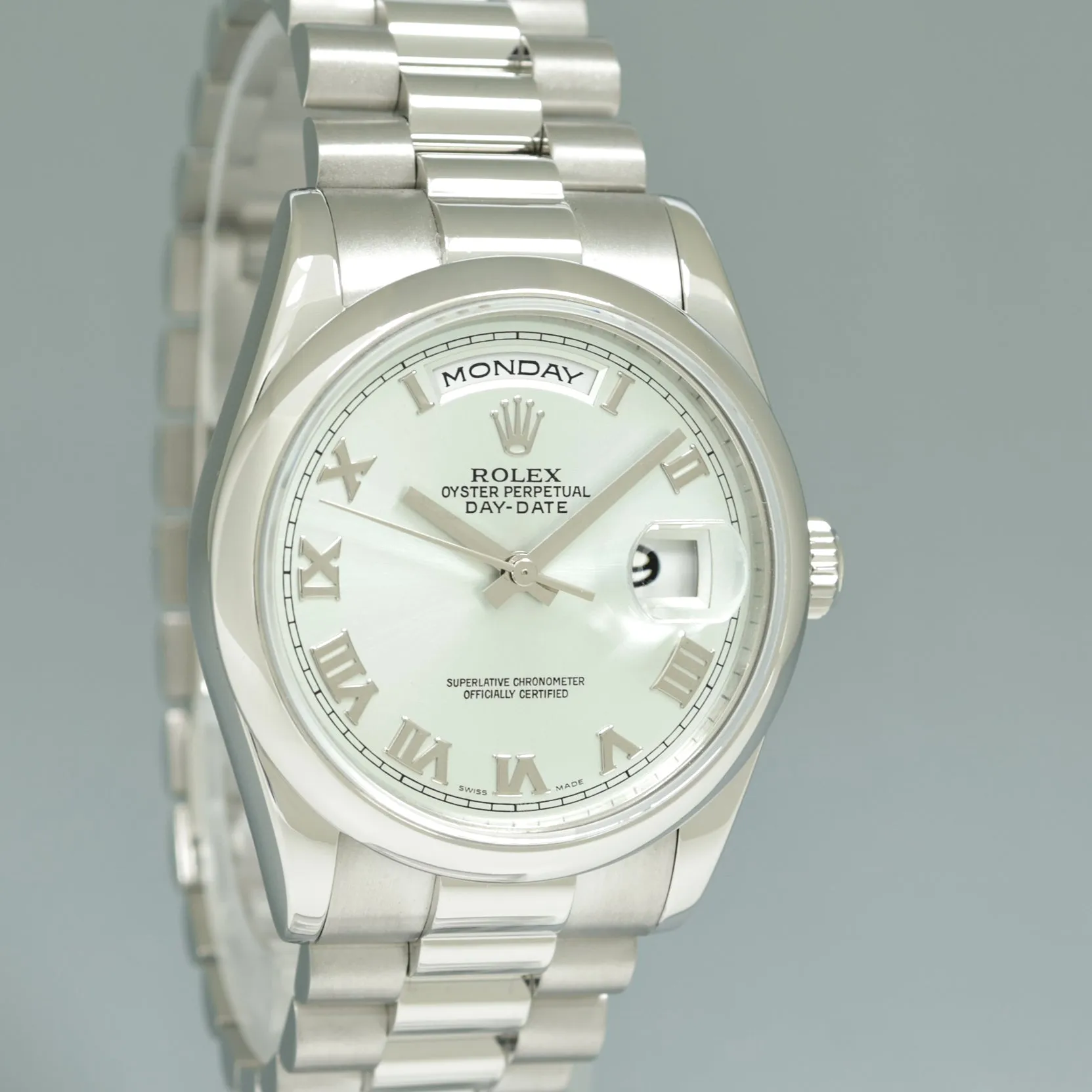 MINT 2005 PAPERS Rolex Platinum President 118206 Silver Roman Day Date 36mm Watch