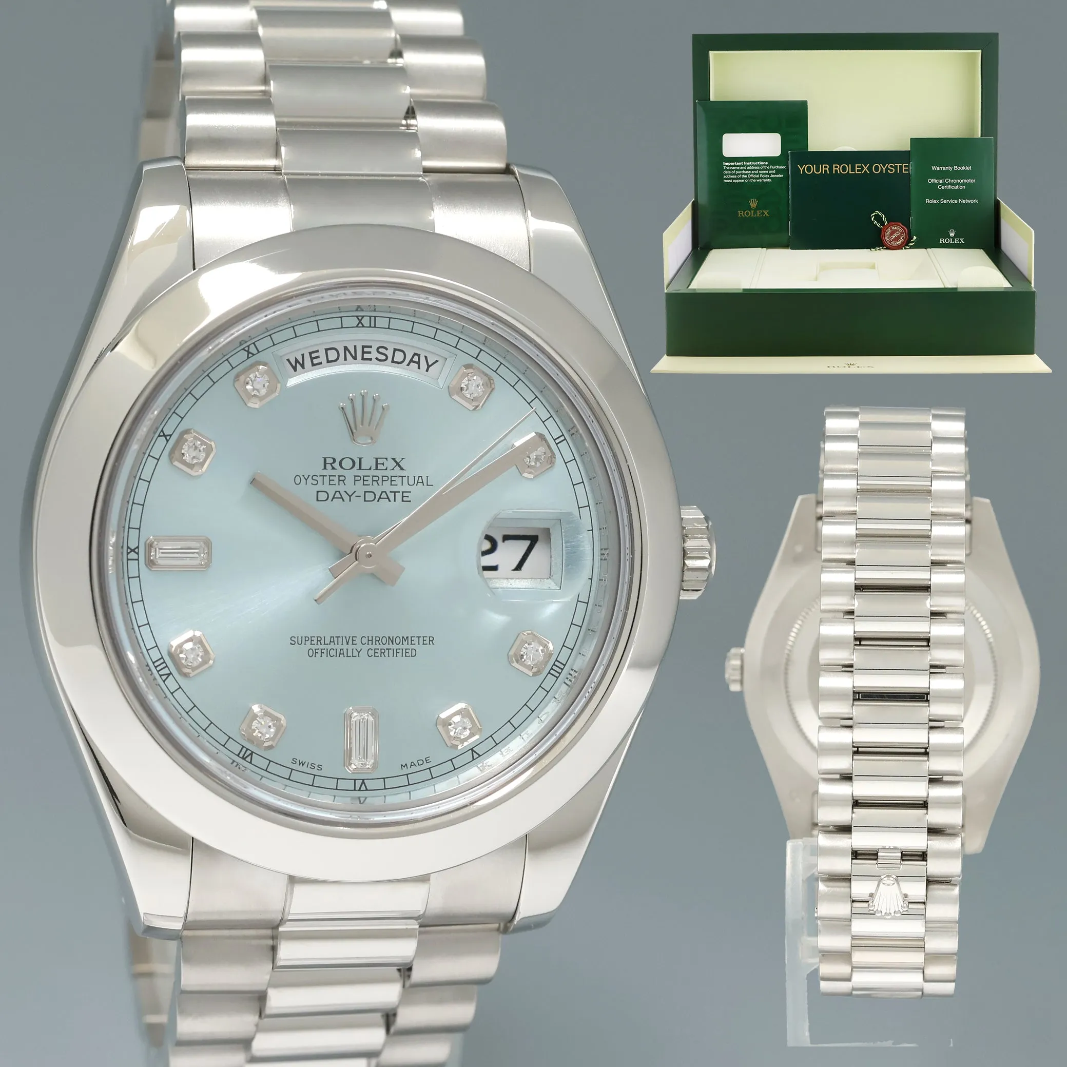 MINT Rolex Day-Date 41mm Glacier Blue Diamond Platinum President 218206 Watch Box