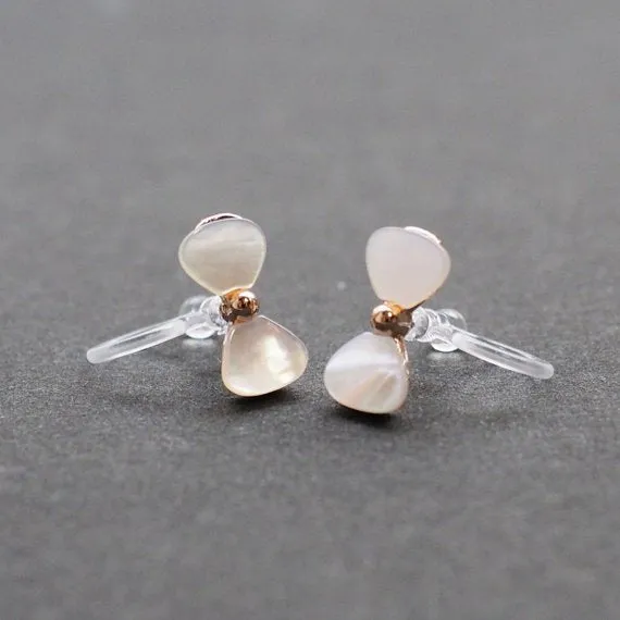 Mother Of Pearl Bow Tie Invisible Clip On Stud Earrings (Gold tone)