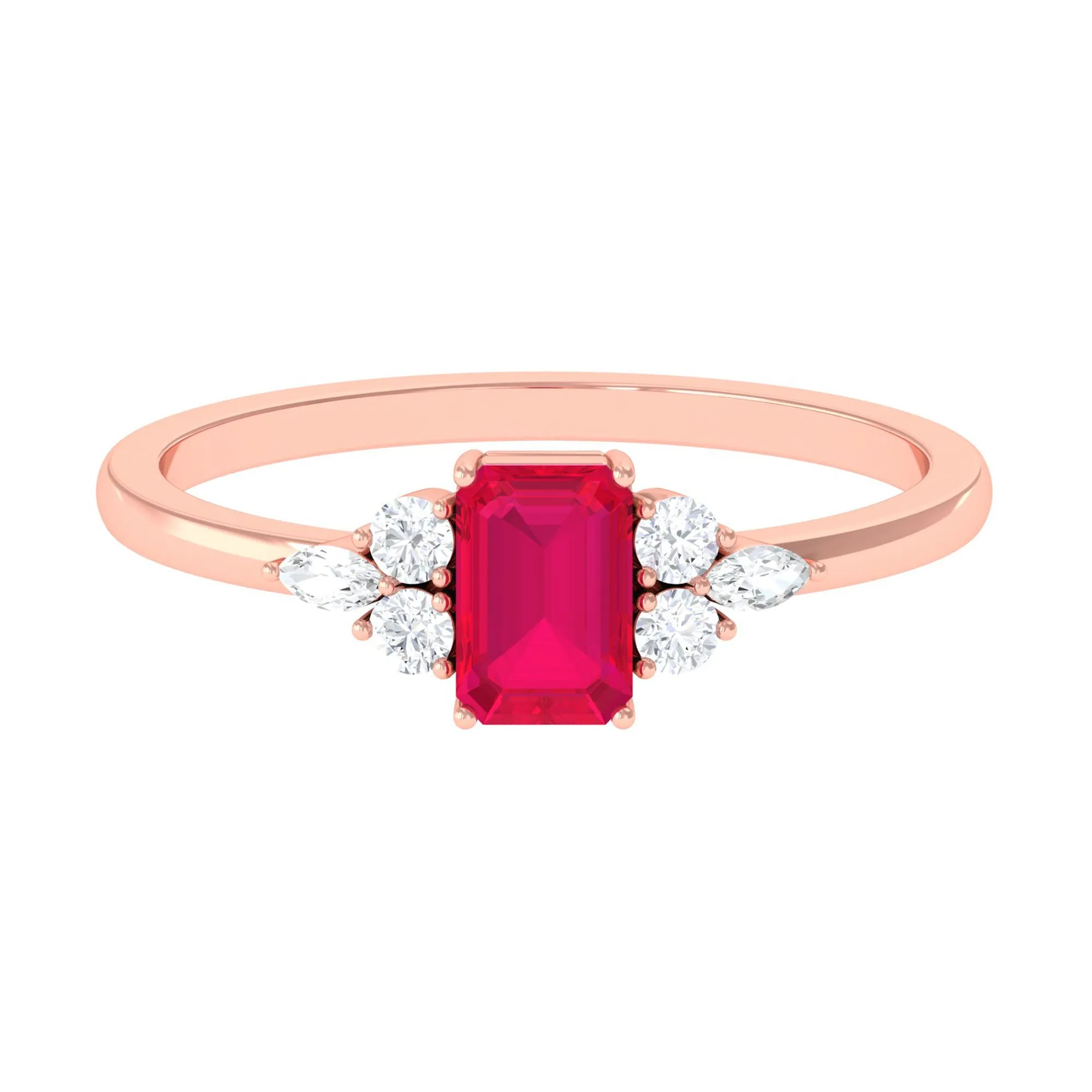 Octagon Cut Ruby Solitaire Ring with Diamond Trio