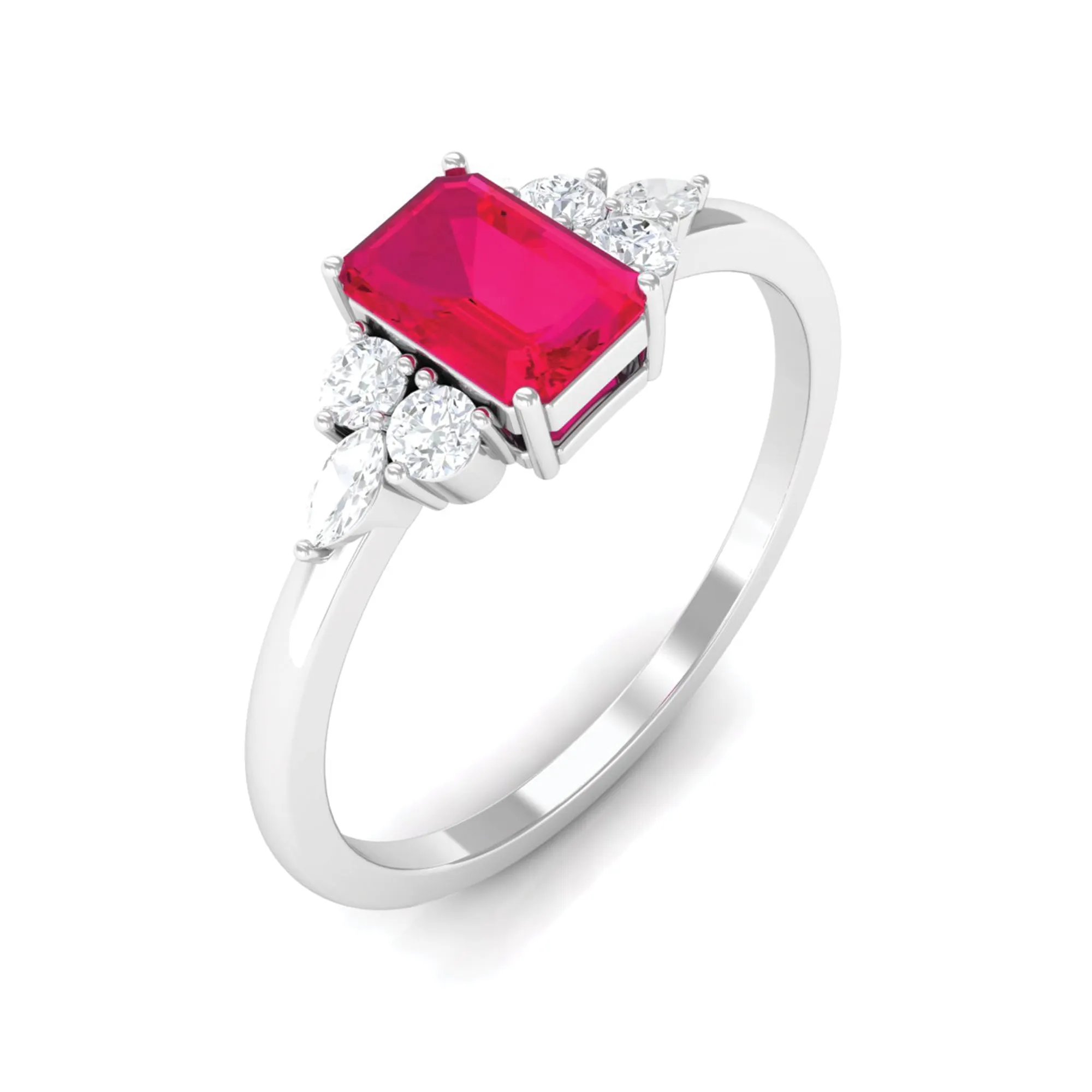 Octagon Cut Ruby Solitaire Ring with Diamond Trio