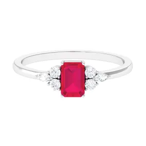 Octagon Cut Ruby Solitaire Ring with Diamond Trio