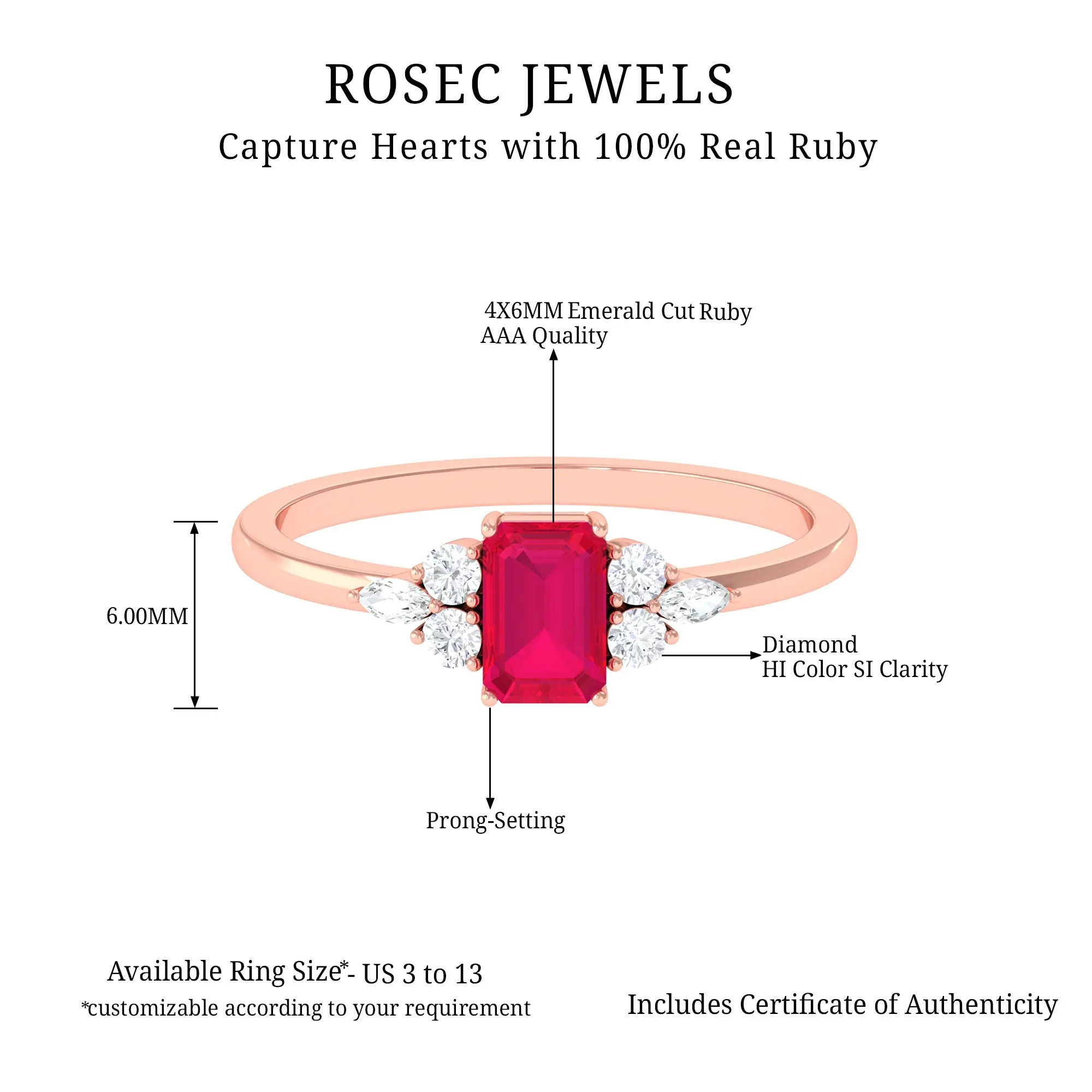 Octagon Cut Ruby Solitaire Ring with Diamond Trio