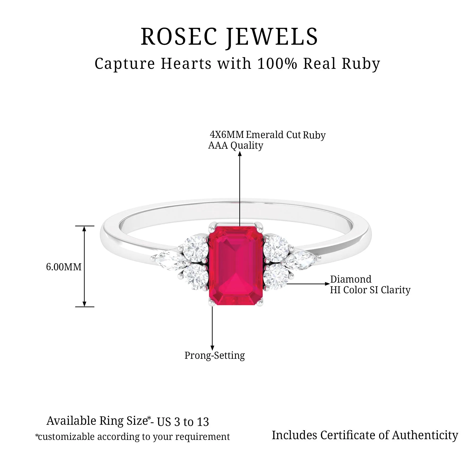 Octagon Cut Ruby Solitaire Ring with Diamond Trio