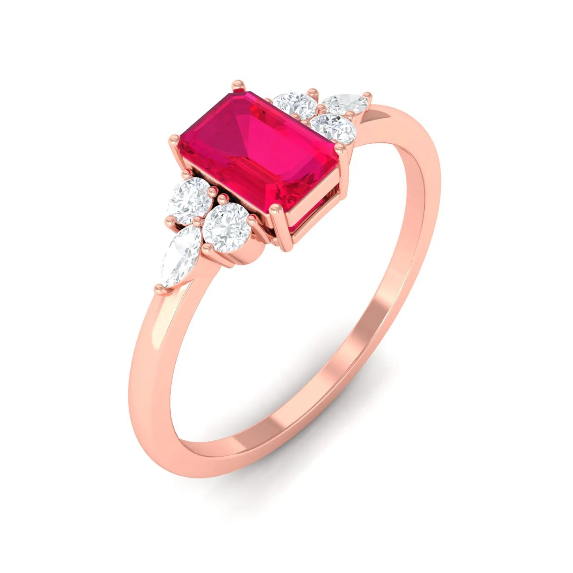 Octagon Cut Ruby Solitaire Ring with Diamond Trio