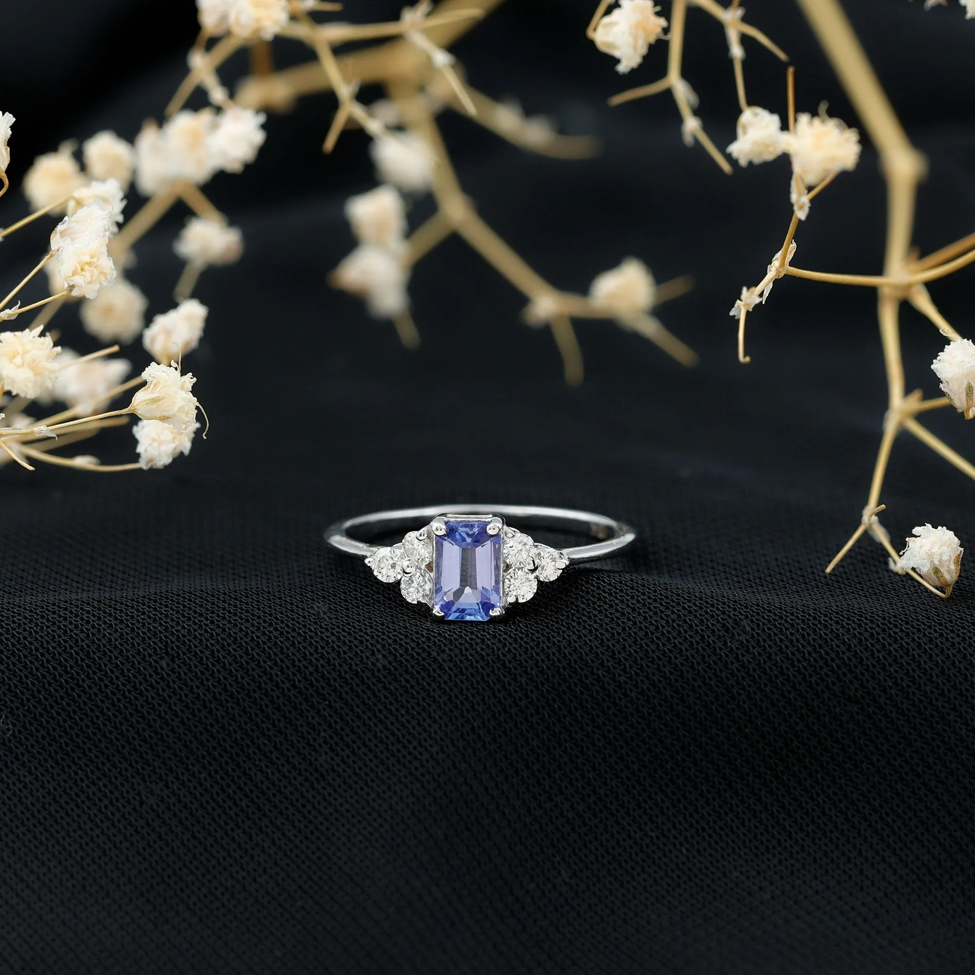 Octagon Cut Tanzanite Solitaire Ring with Diamond Trio