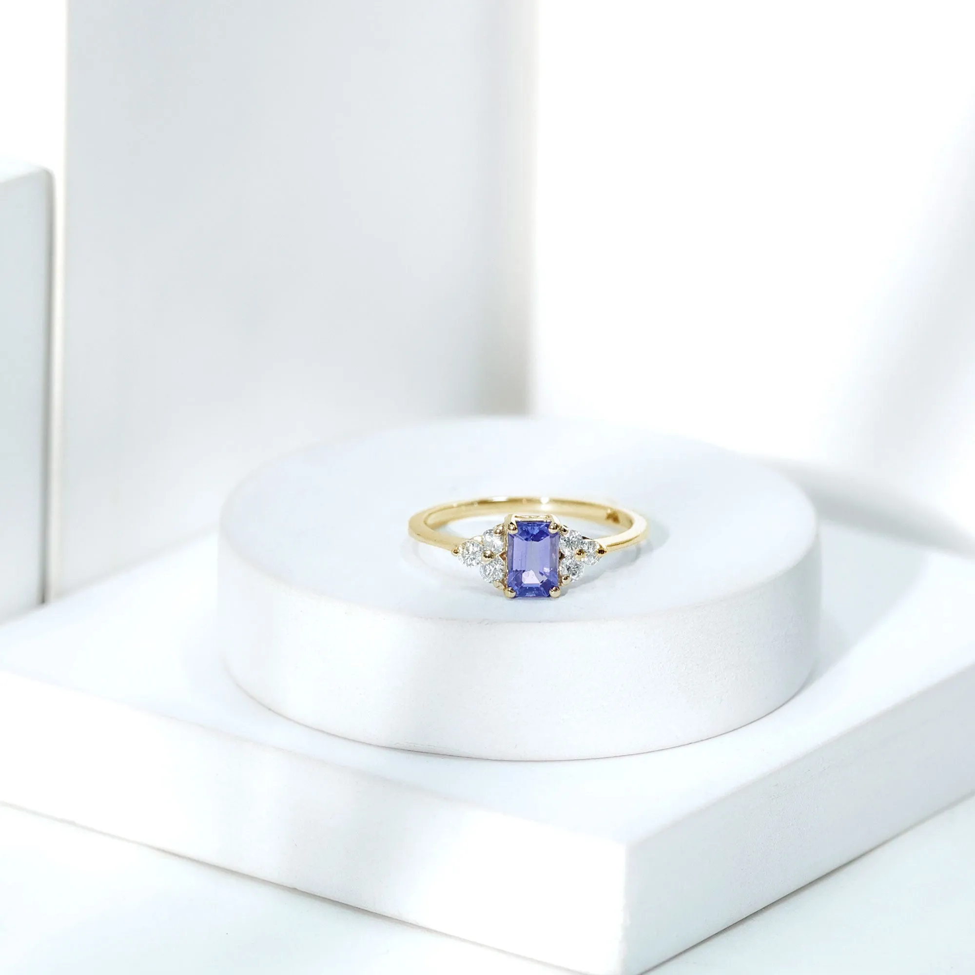 Octagon Cut Tanzanite Solitaire Ring with Diamond Trio