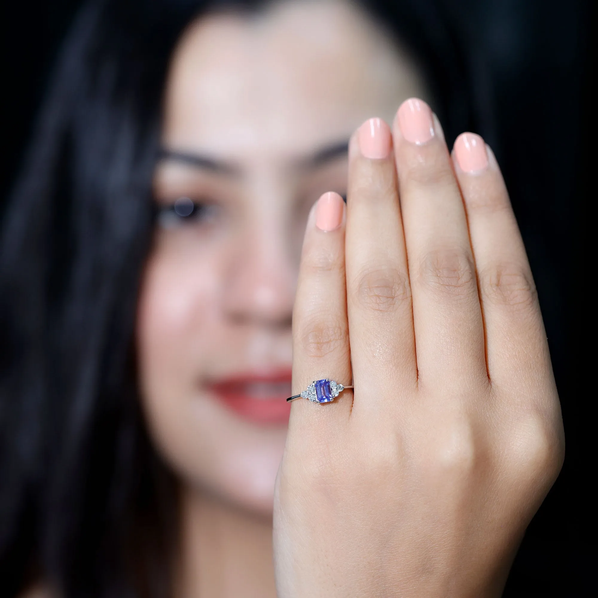 Octagon Cut Tanzanite Solitaire Ring with Diamond Trio