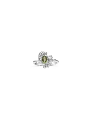 One of a Kind ~ Oval Peridot Starburst Shell Moss Textured Ring in White Gold