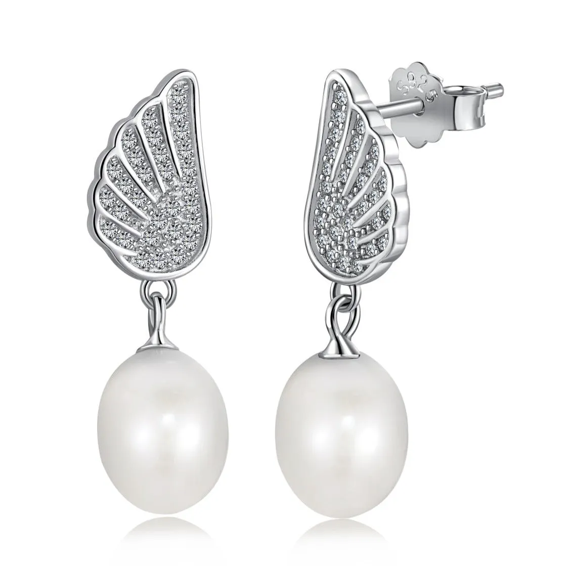 Pave CZ Angle Wings Freshwater Pearl Drop Earrings