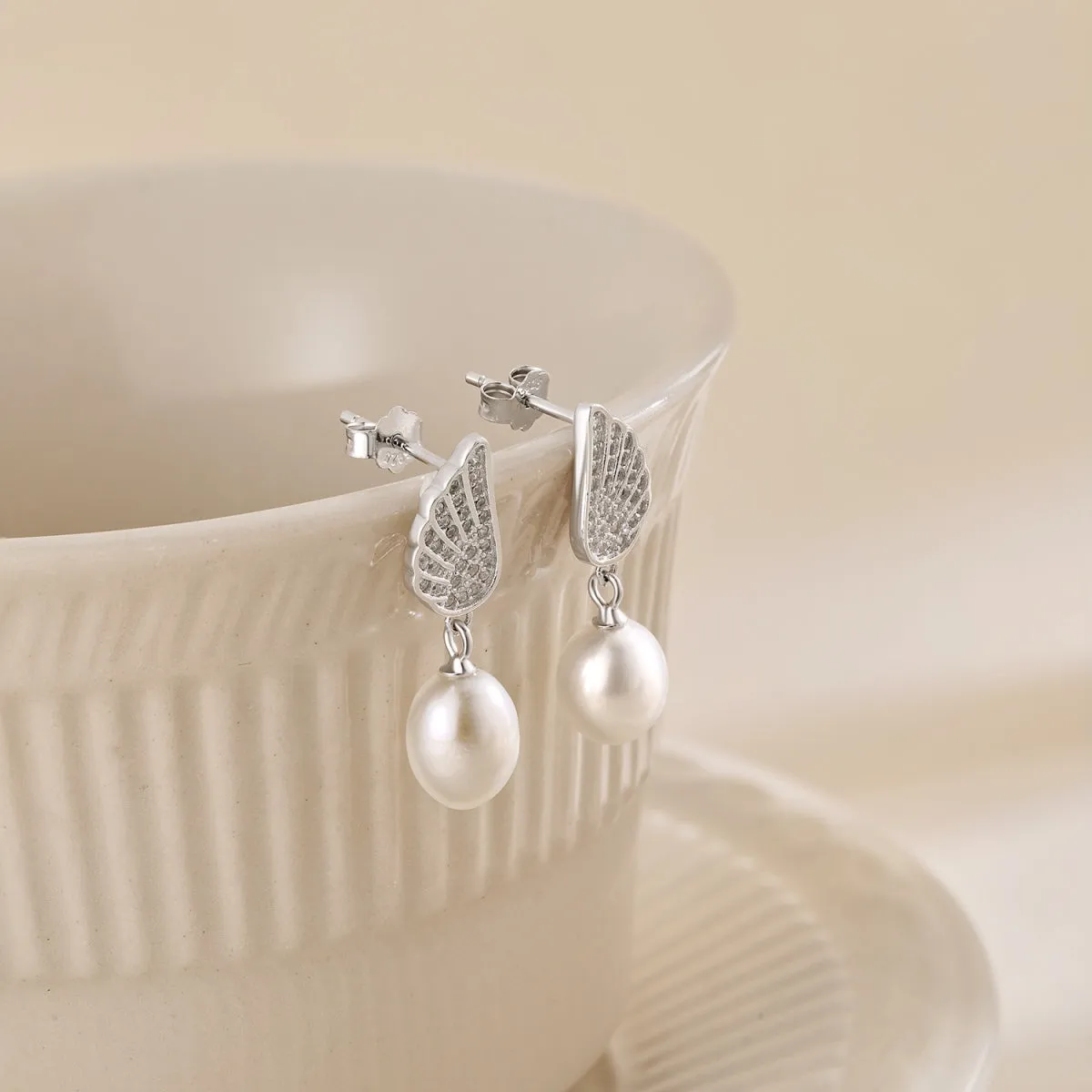 Pave CZ Angle Wings Freshwater Pearl Drop Earrings