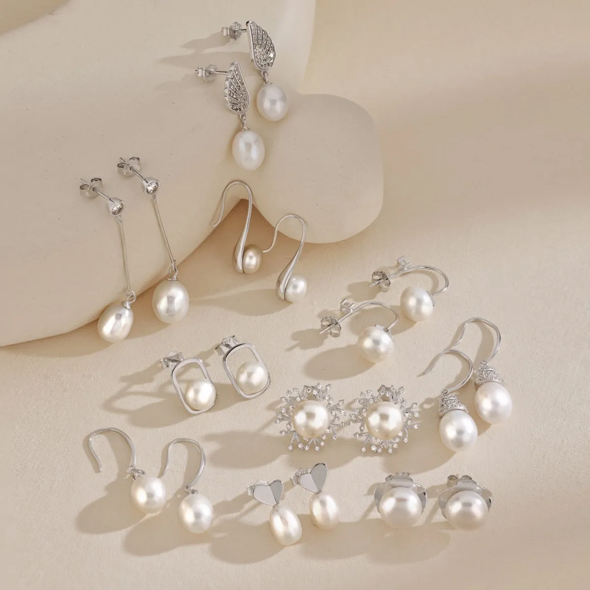 Pave CZ Angle Wings Freshwater Pearl Drop Earrings