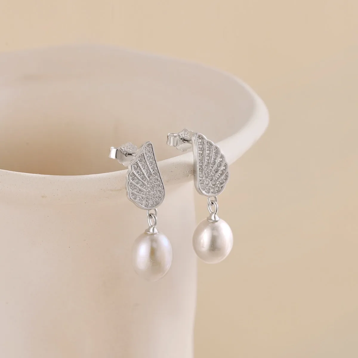 Pave CZ Angle Wings Freshwater Pearl Drop Earrings