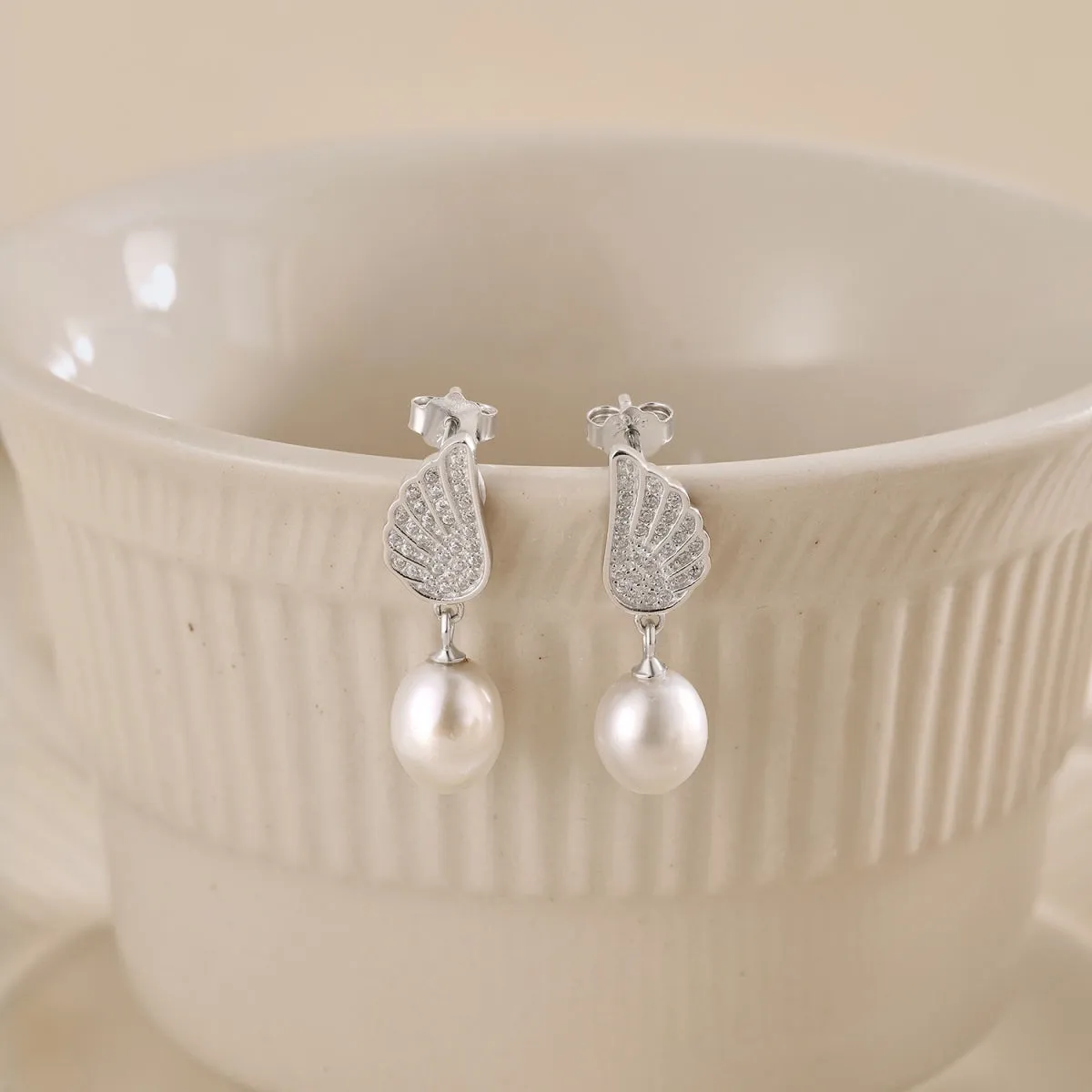 Pave CZ Angle Wings Freshwater Pearl Drop Earrings