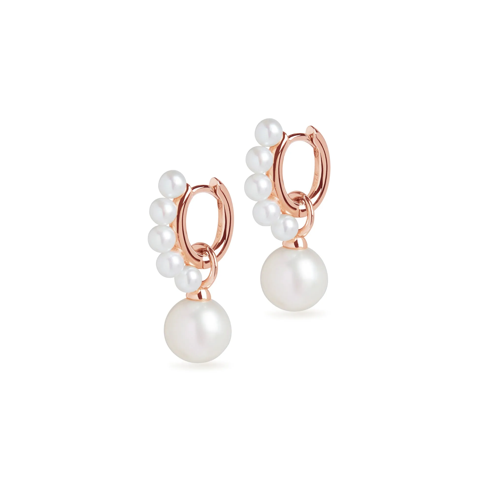 Pearl Huggie and Round Cultured Pearl Charm Rose Gold Earring Set