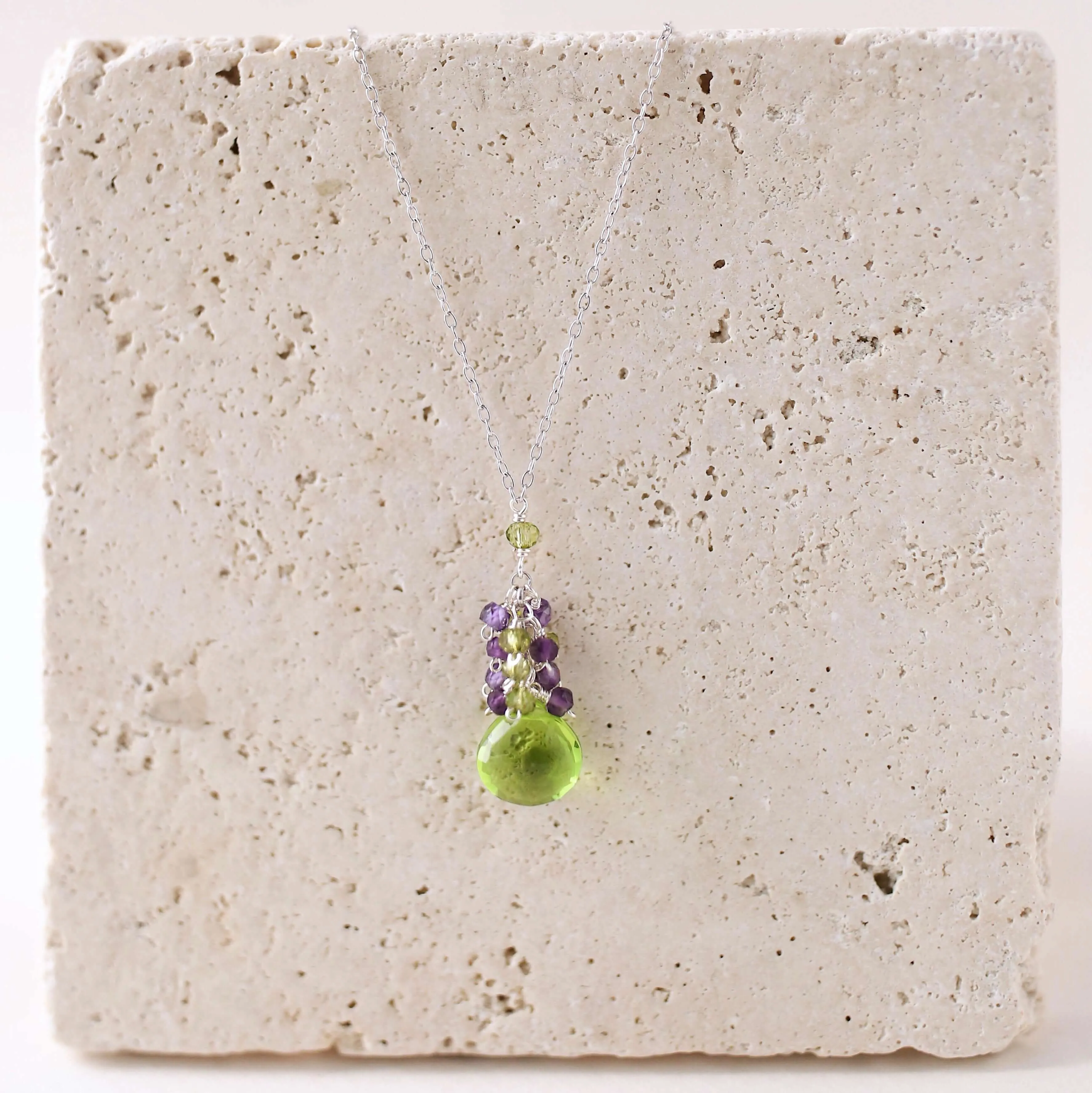 Peridot Quartz Raindrop Cluster Necklace