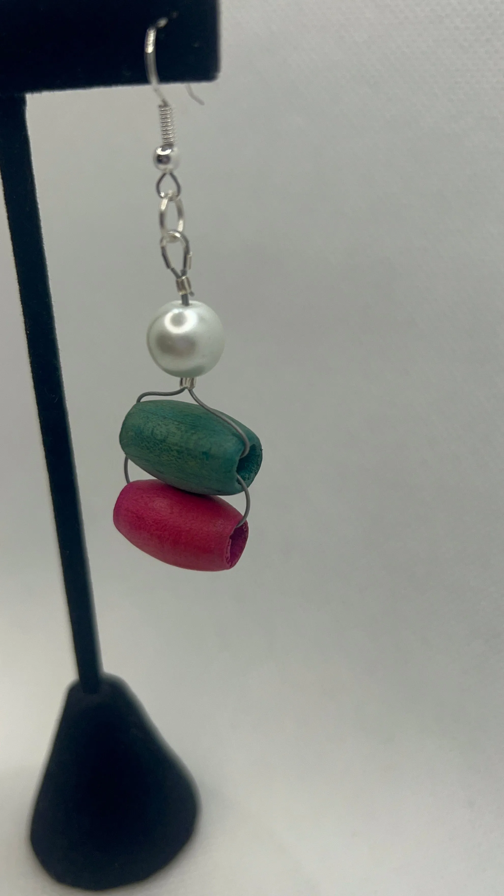 Pink and Green Wood Beads and White Pearl Earrings