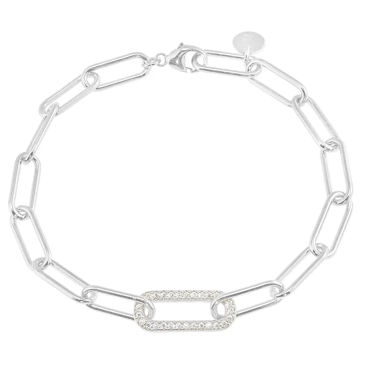 Platinum Finish Sterling Silver Micropave 7.5" Paper Clip Bracelet with a Single Link with Simulated Diamonds