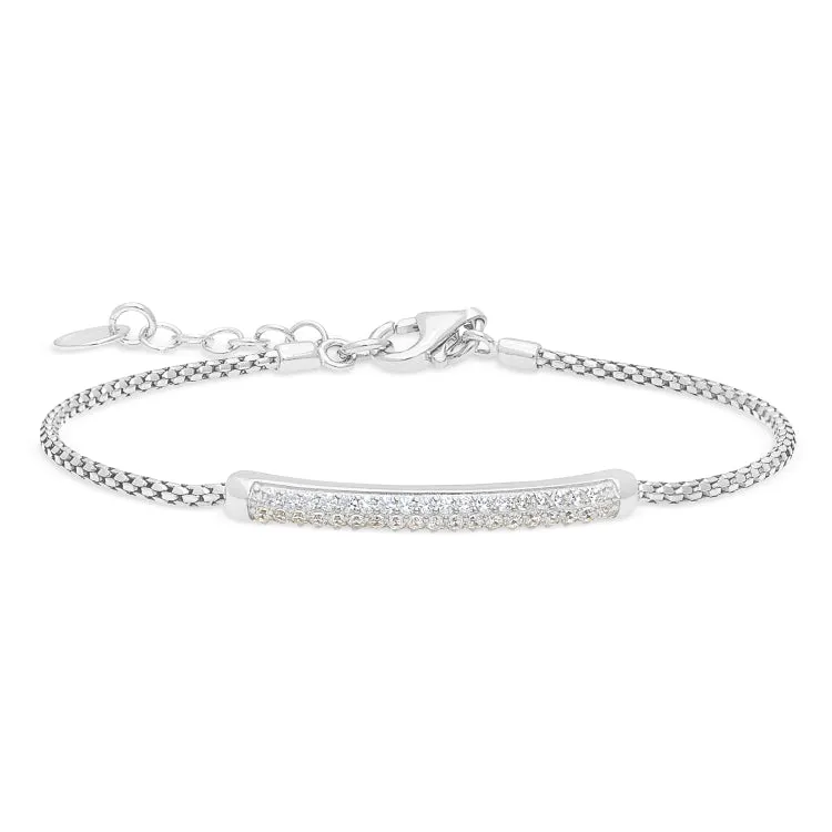 Platinum Finish Sterling Silver Micropave Bracelet with Two Rows of Simulated Diamonds - 7"-8" Adjustable Rounded Box Chain