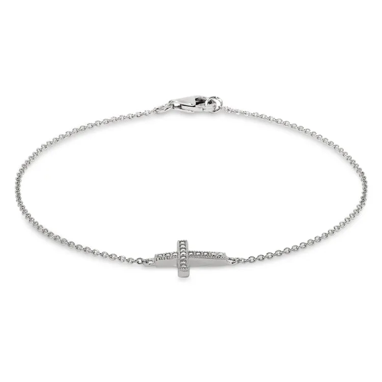 Platinum Finish Sterling Silver Micropave Cross Adjustable Bracelet with Simulated Diamonds 6.5" - 7.25" Cable Chain