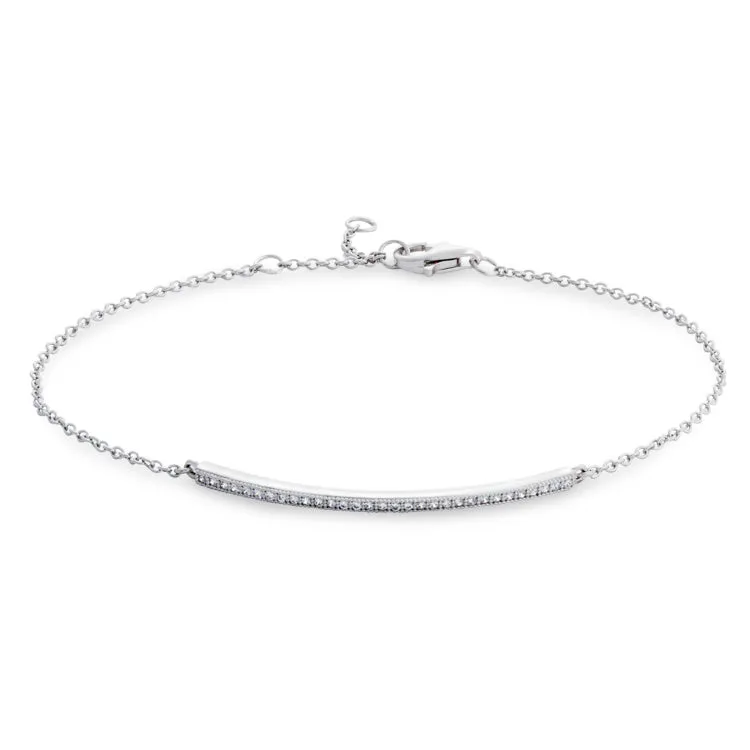 Platinum Finish Sterling Silver Micropave Curved Bar Adjustable Bracelet with 31 Simulated Diamonds 6.5" - 7.5" Cable Chain