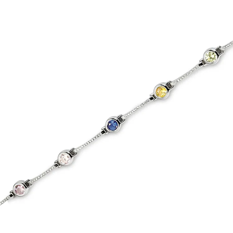 Platinum Finished Sterling Silver Micropave Bracelet with Simulated Diamonds and Facet Cut Multicolored Stones 7.25"