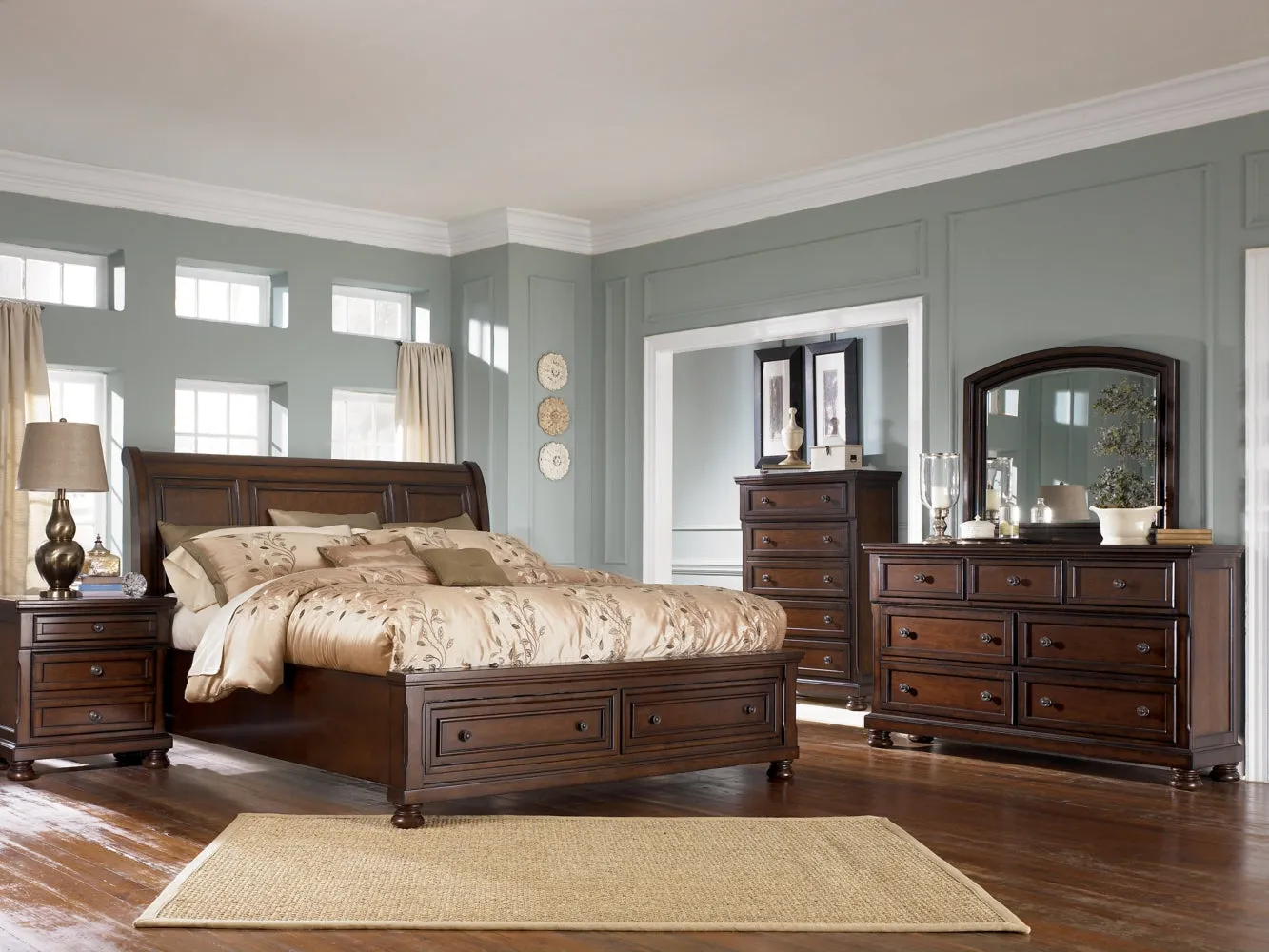 Porter California King Sleigh Bed with Mirrored Dresser and 2 Nightstands