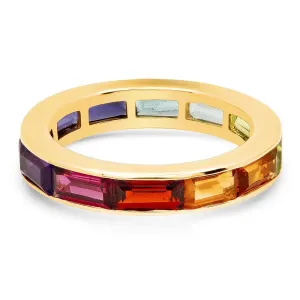 RAINBOW STONES BAGUETTE CHANNEL SET RING, GOLD