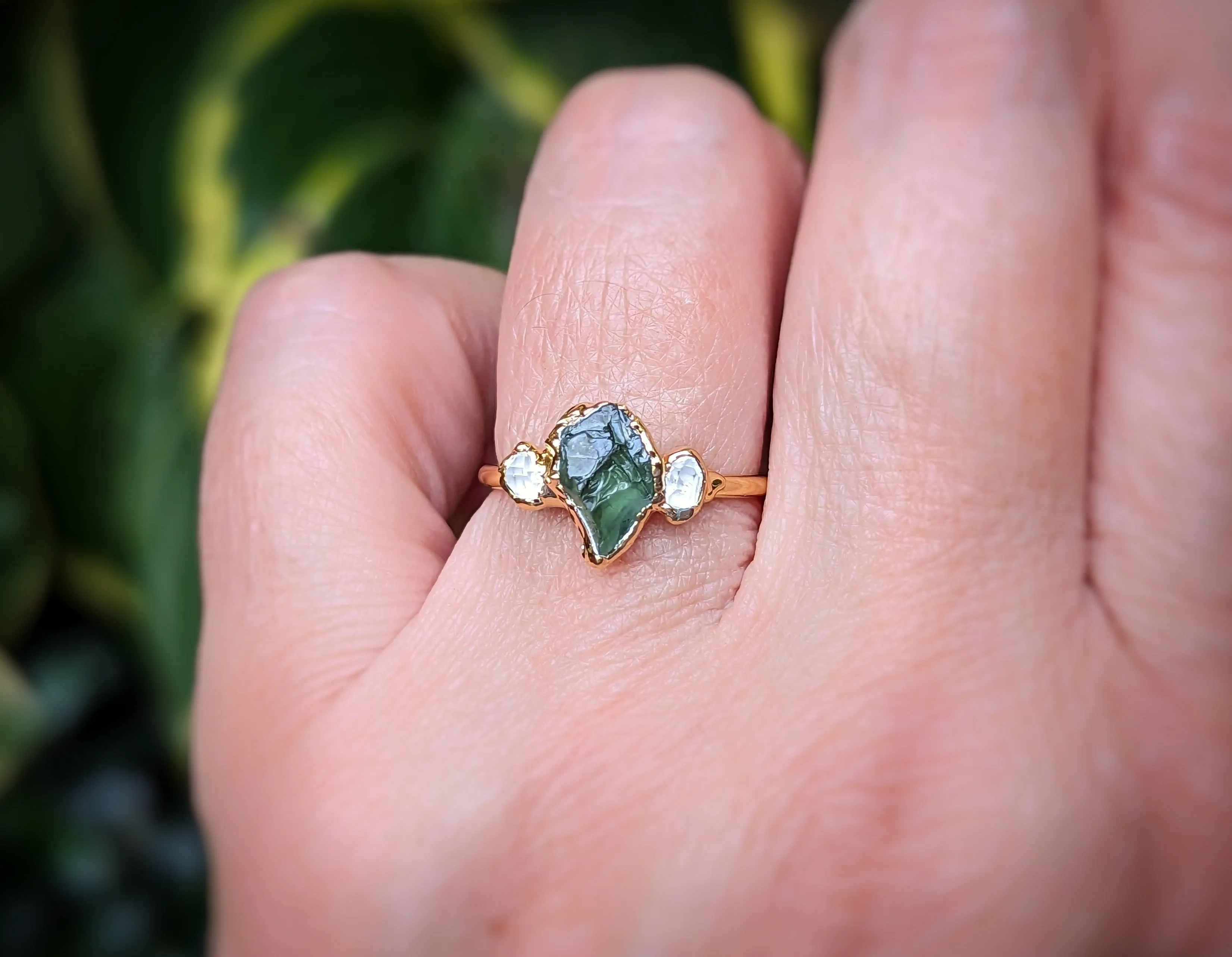 Raw green Sapphire & Herkimer diamond engagement ring