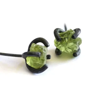 Raw Peridot Stud Earrings in Vintage Silver Handmade Gemstone Jewelry Women Men