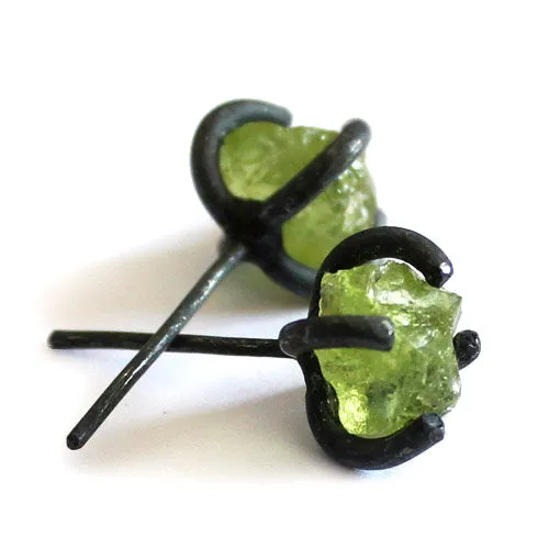 Raw Peridot Stud Earrings in Vintage Silver Handmade Gemstone Jewelry Women Men