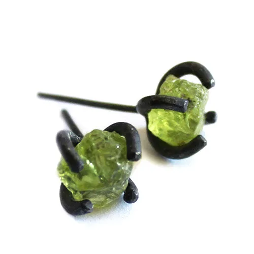 Raw Peridot Stud Earrings in Vintage Silver Handmade Gemstone Jewelry Women Men