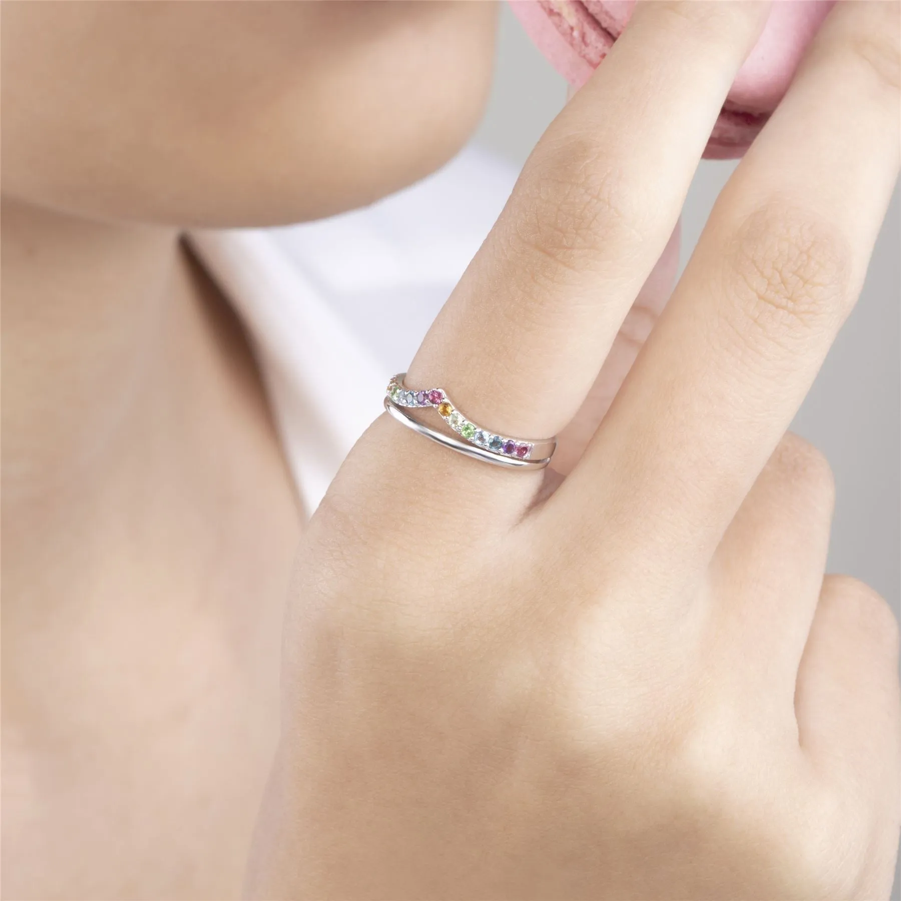 Regenbogen Wishbone Ring in 925 Sterling Silber