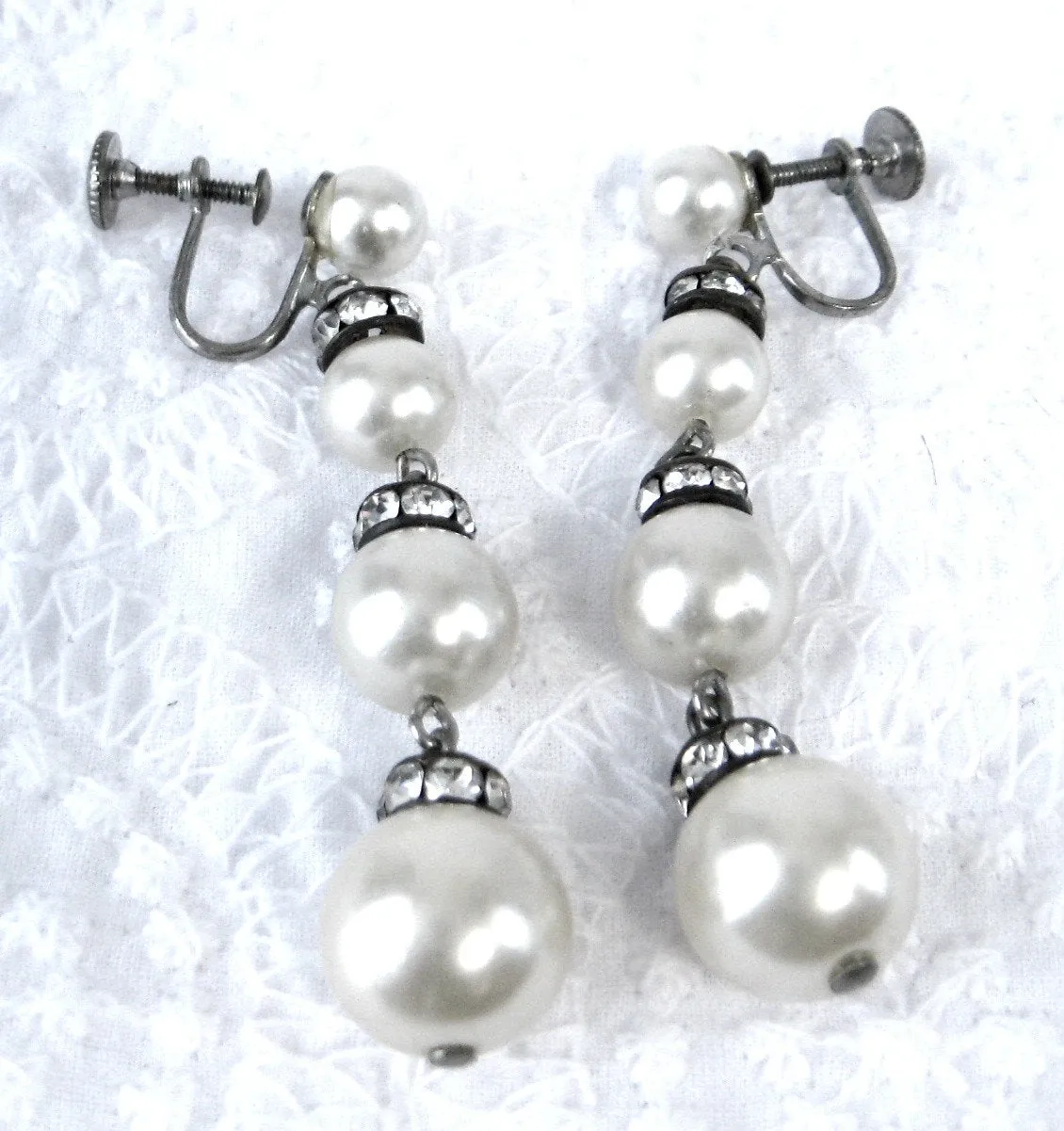 Rhinestone Pearl Earrings Dangles Screw Back 1940s Vintage Tea Party Glamour