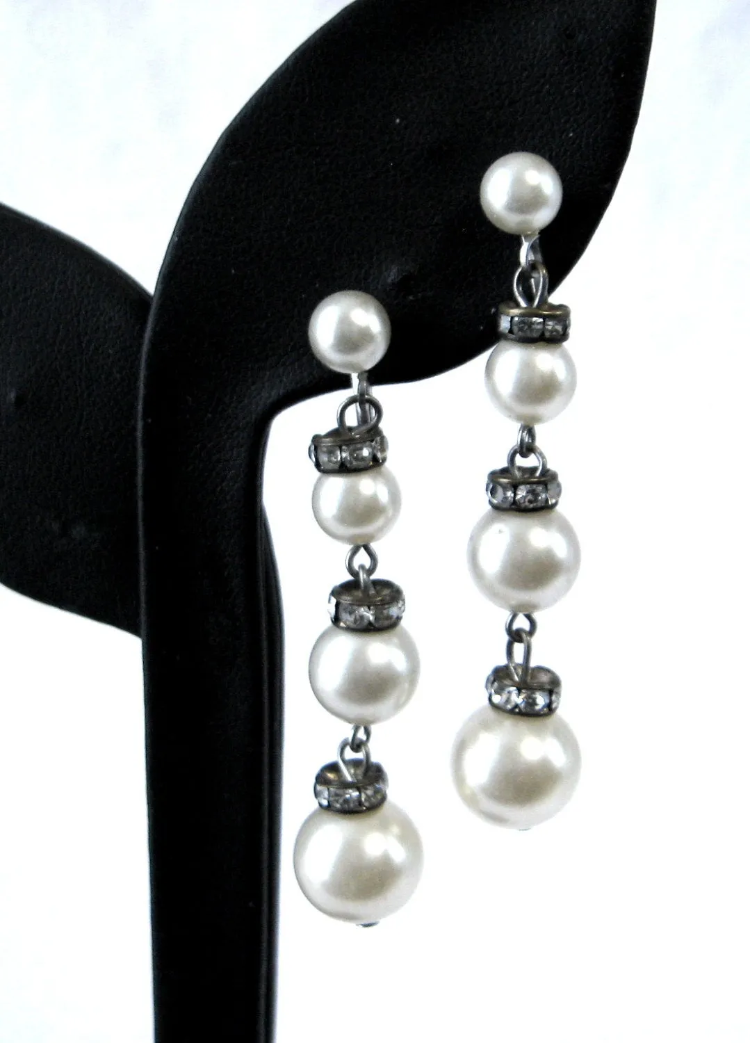 Rhinestone Pearl Earrings Dangles Screw Back 1940s Vintage Tea Party Glamour