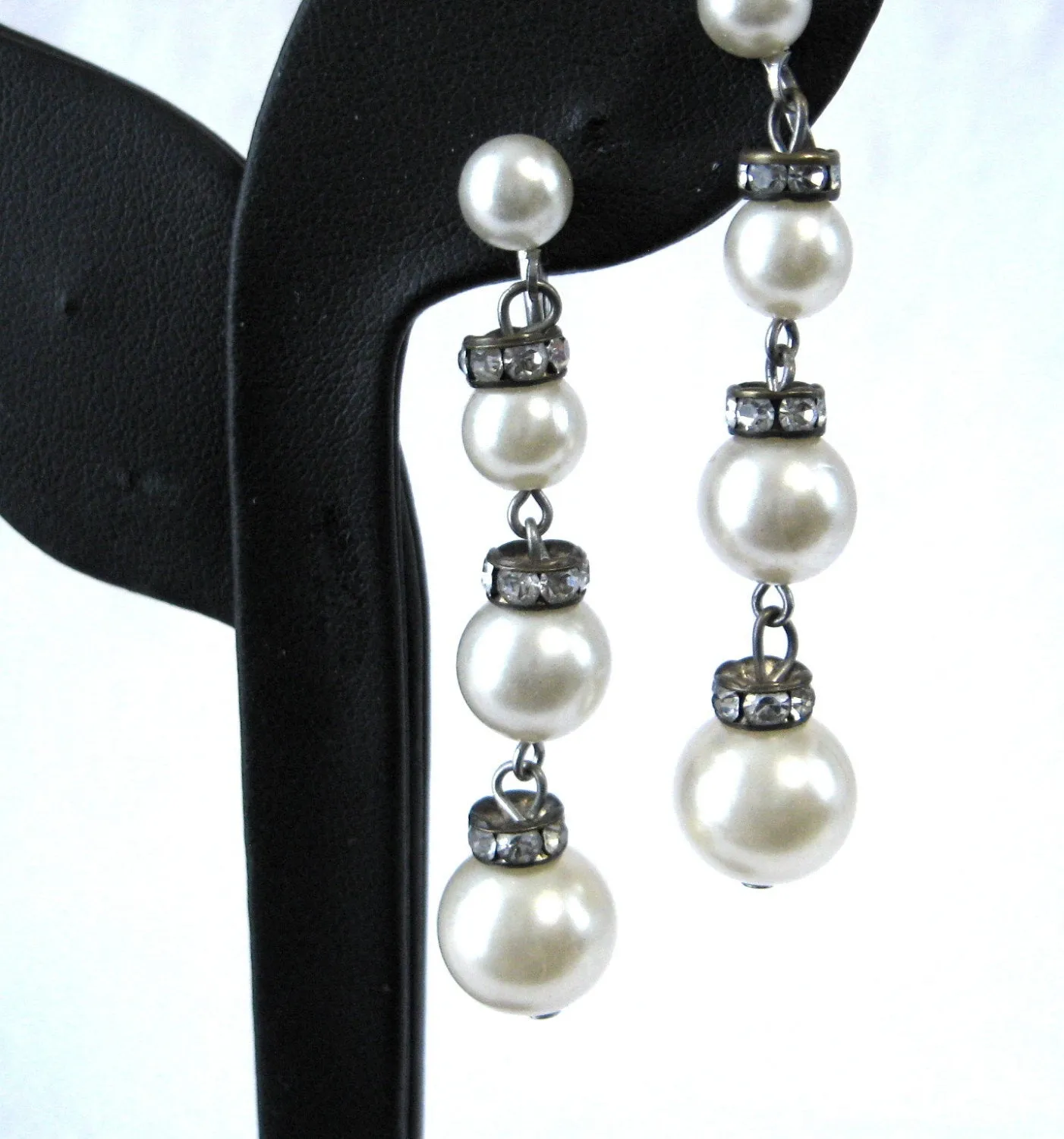 Rhinestone Pearl Earrings Dangles Screw Back 1940s Vintage Tea Party Glamour