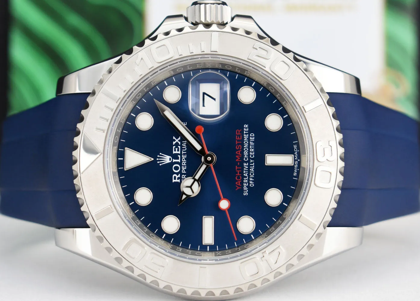 ROLEX 40mm Platinum & Stainless Steel YachtMaster Blue Dial Rubber B Strap Model 116622