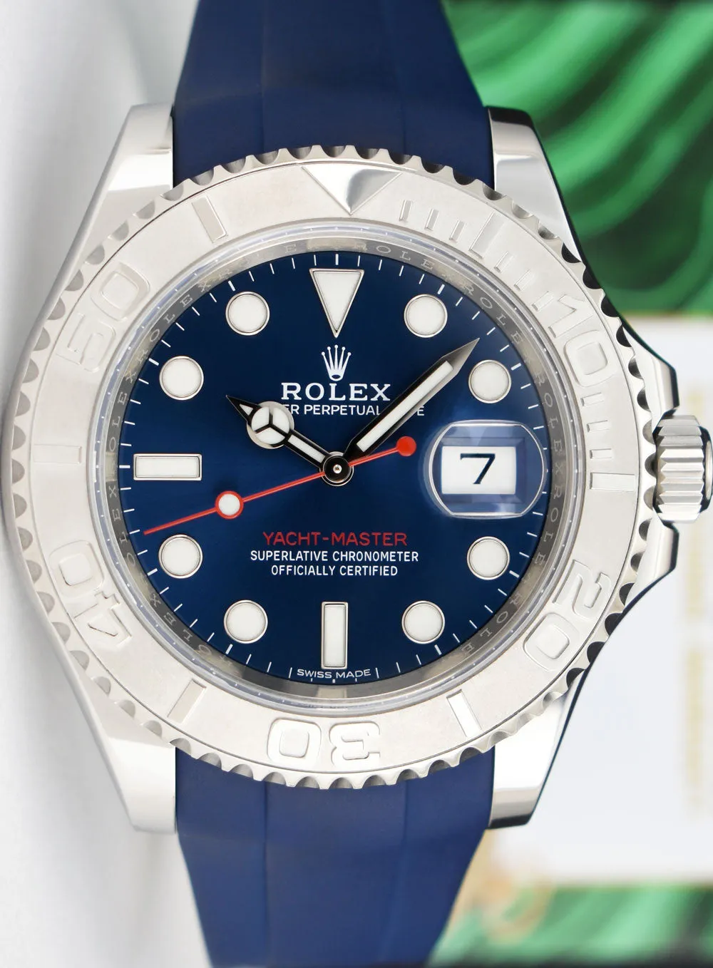 ROLEX 40mm Platinum & Stainless Steel YachtMaster Blue Dial Rubber B Strap Model 116622