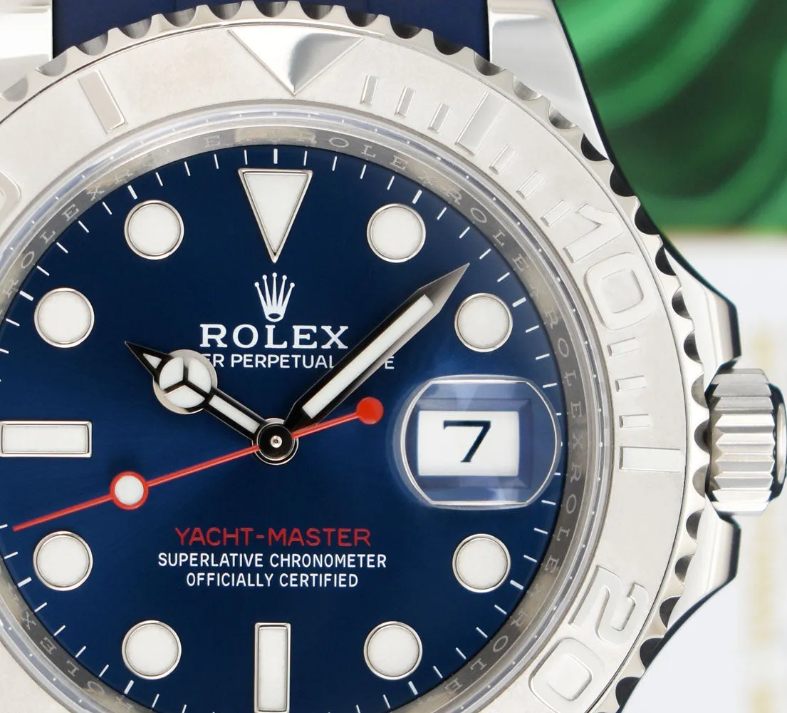 ROLEX 40mm Platinum & Stainless Steel YachtMaster Blue Dial Rubber B Strap Model 116622