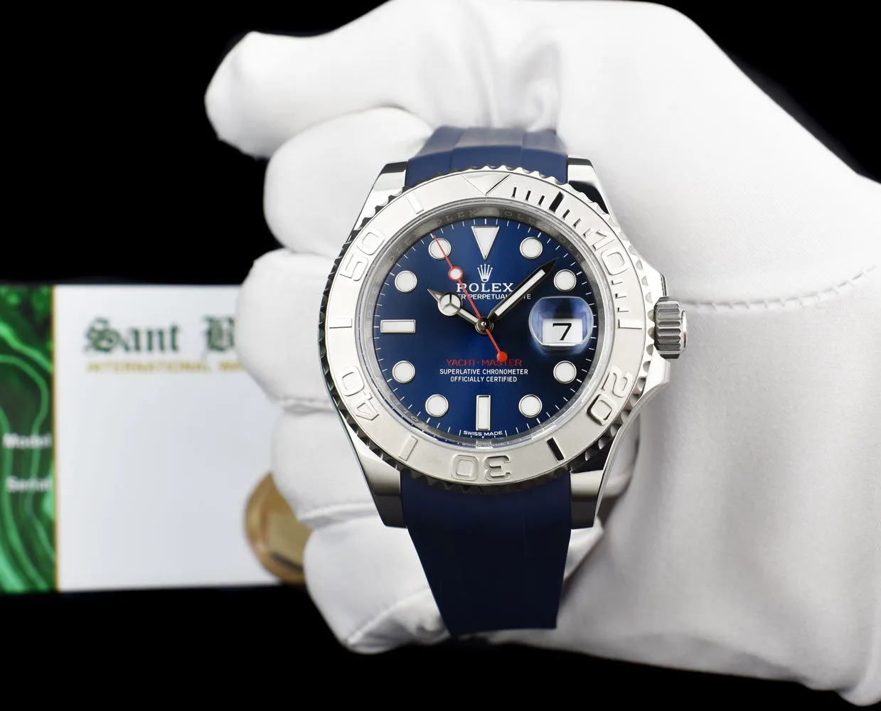 ROLEX 40mm Platinum & Stainless Steel YachtMaster Blue Dial Rubber B Strap Model 116622