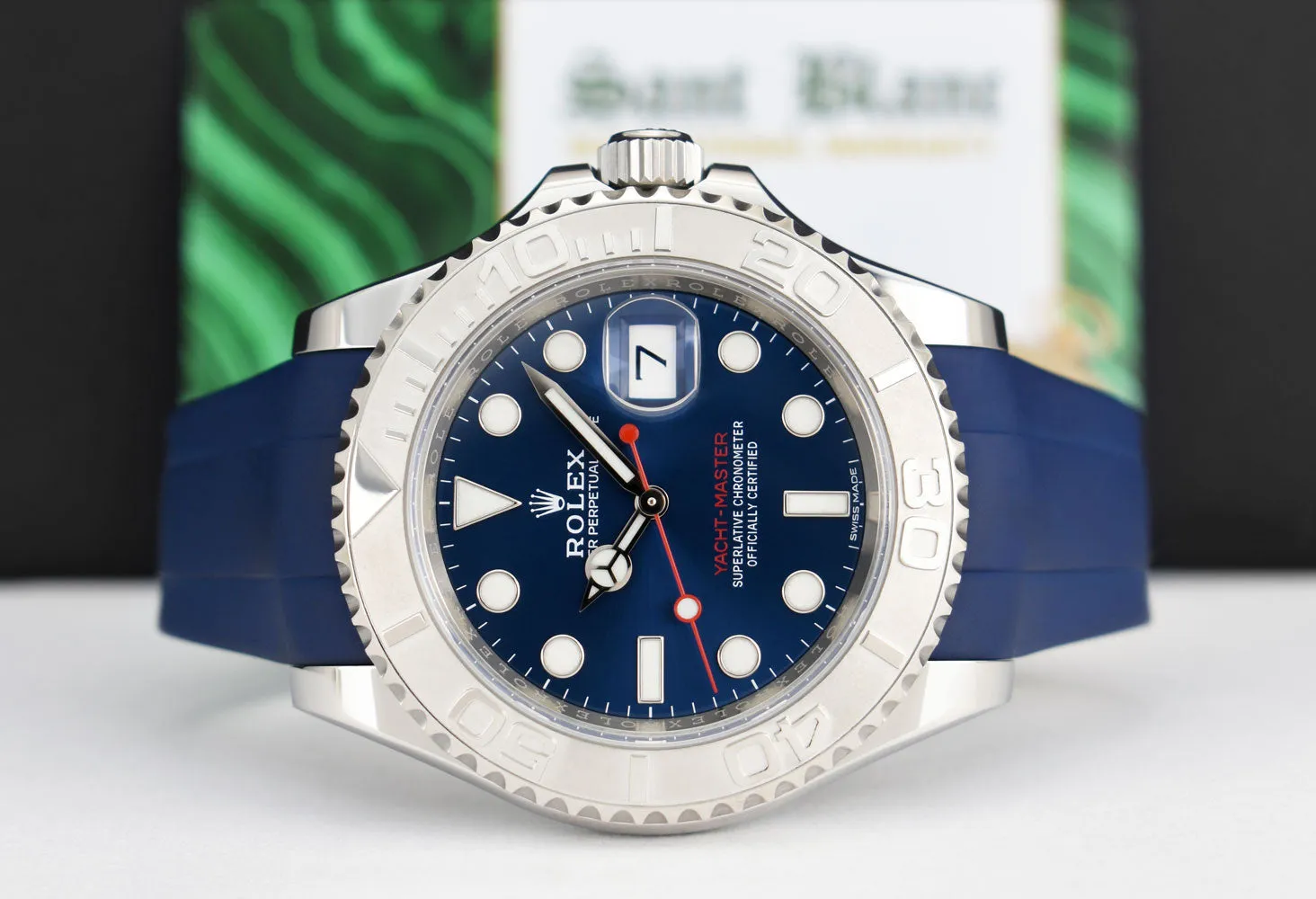 ROLEX 40mm Platinum & Stainless Steel YachtMaster Blue Dial Rubber B Strap Model 116622