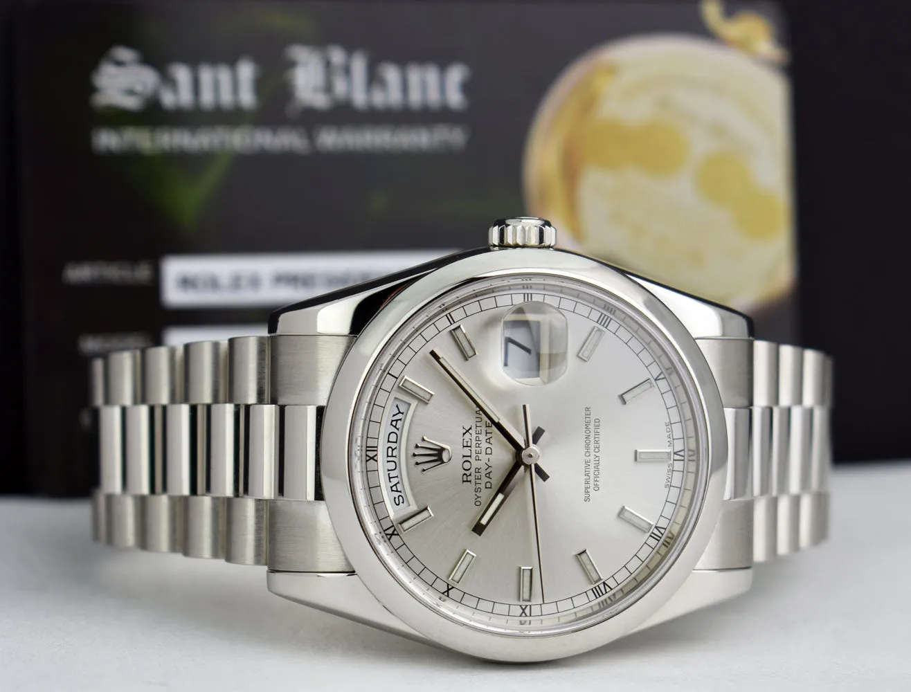 ROLEX Mens Platinum DayDate President Silver Index Model 118206