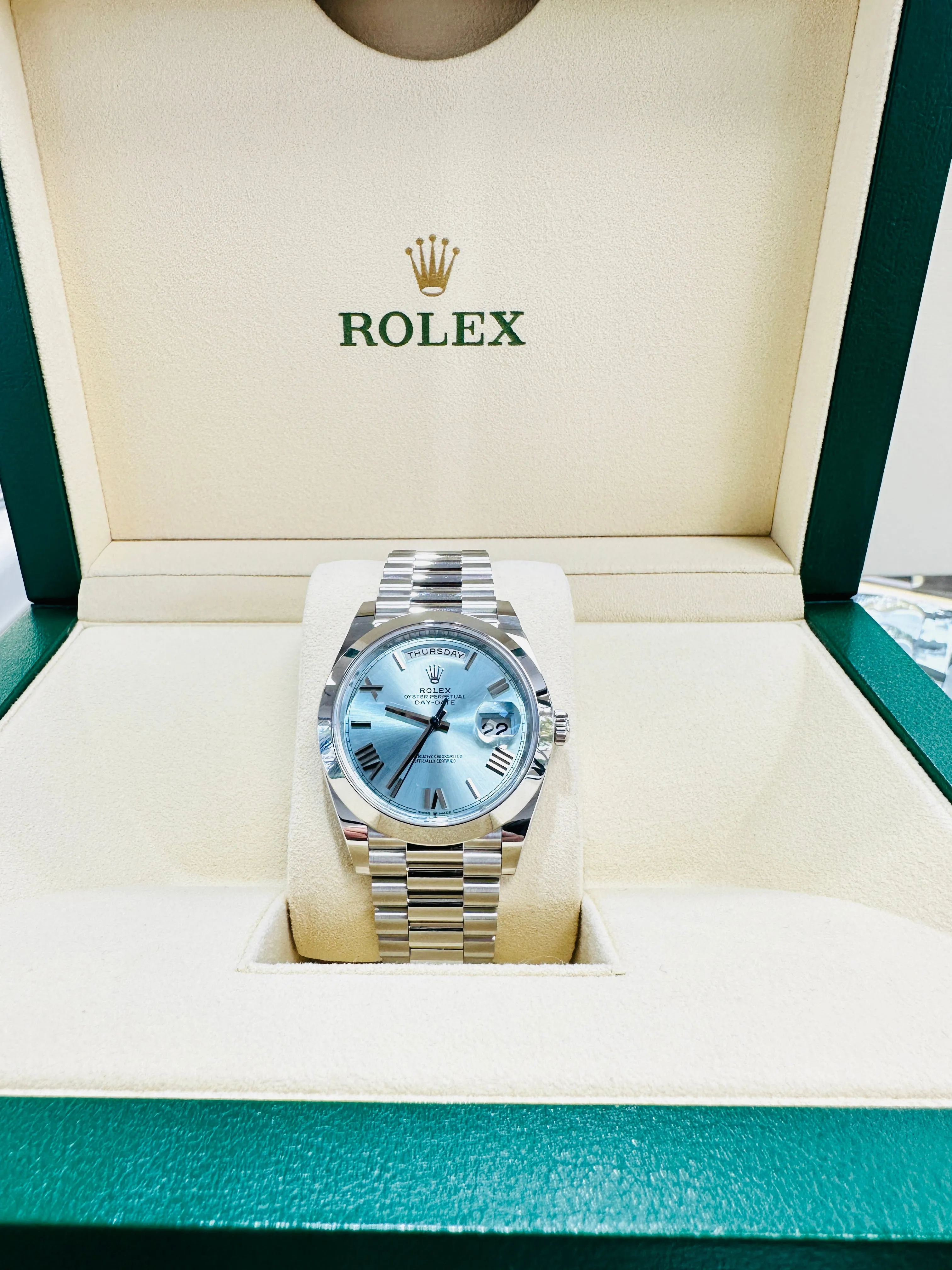 Rolex President 40 Day-Date 228206 Platinum Ice Blue Roman Dial UNWORN Box/Papers