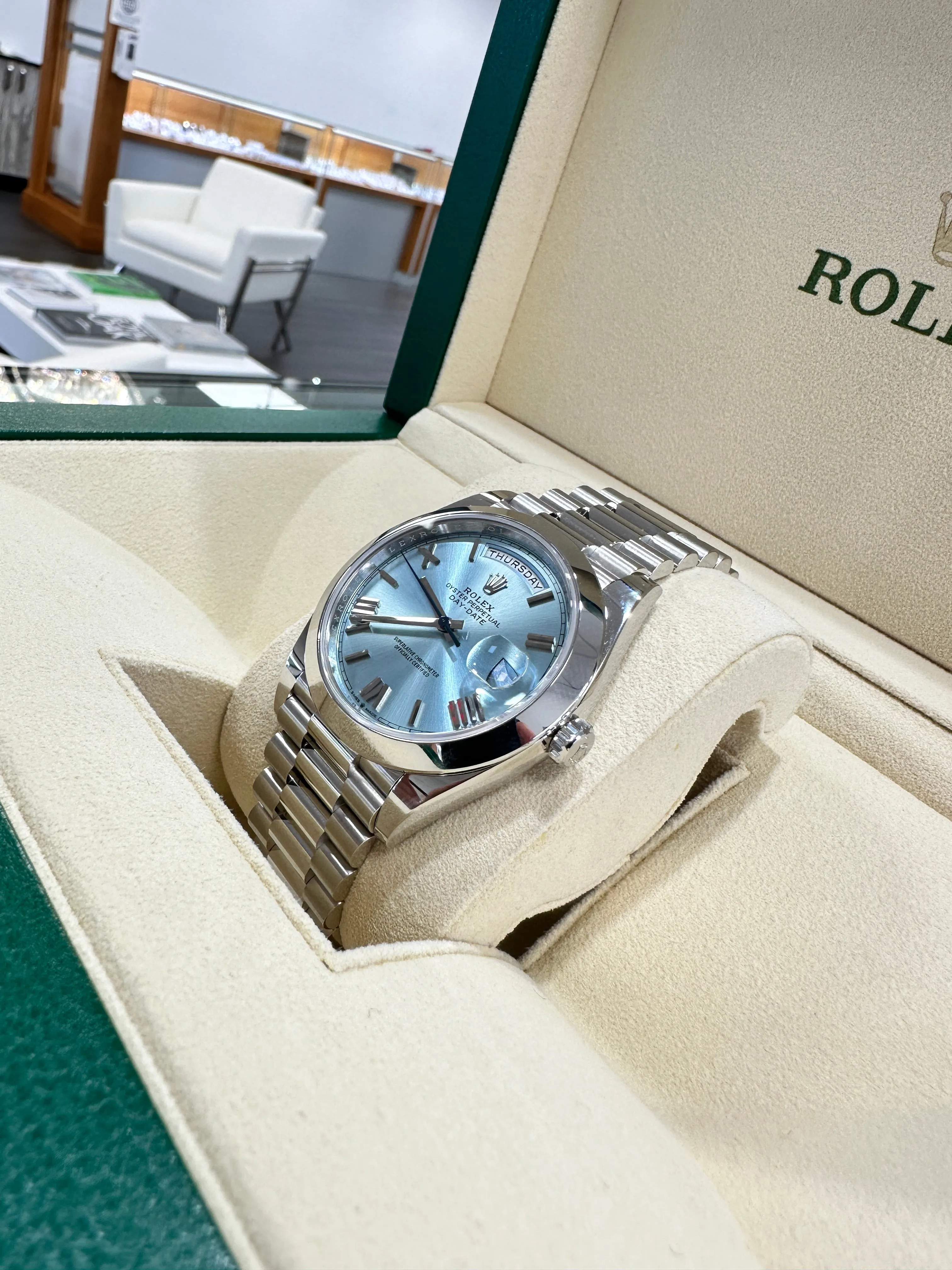 Rolex President 40 Day-Date 228206 Platinum Ice Blue Roman Dial UNWORN Box/Papers