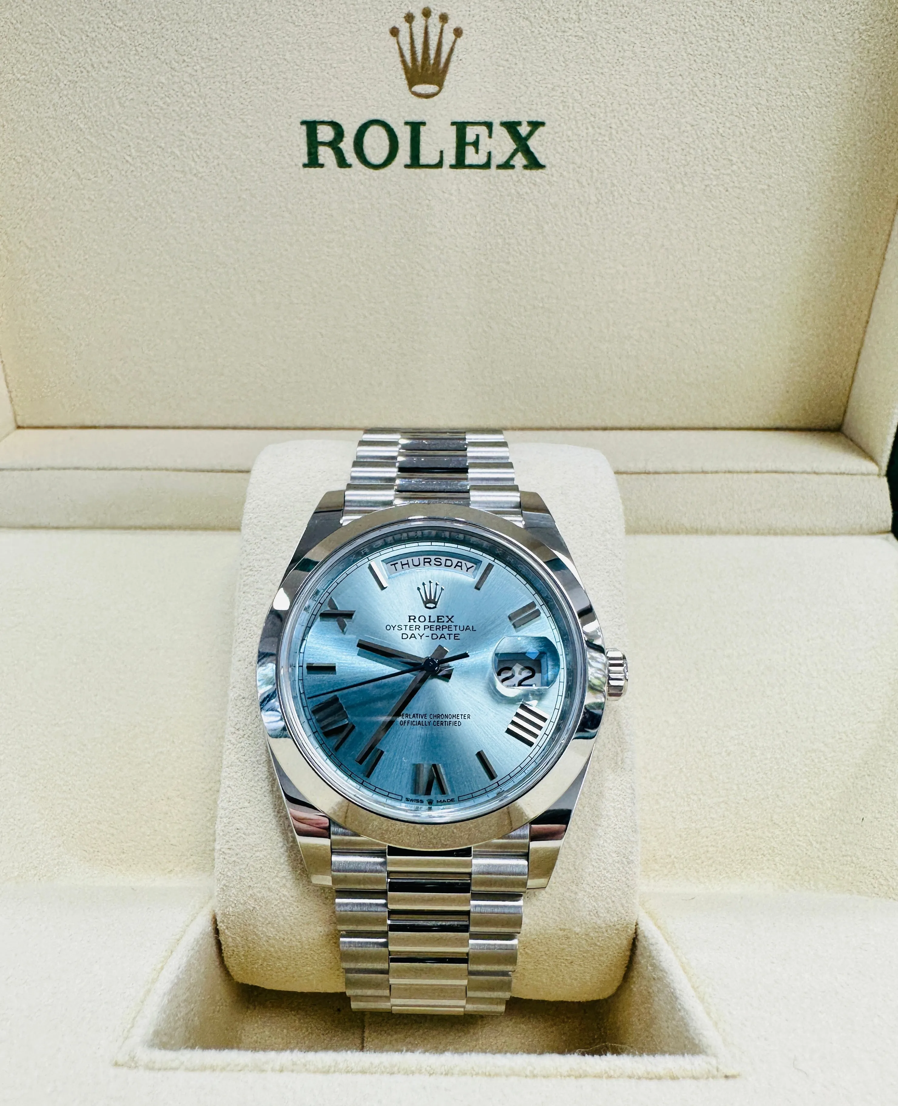 Rolex President 40 Day-Date 228206 Platinum Ice Blue Roman Dial UNWORN Box/Papers